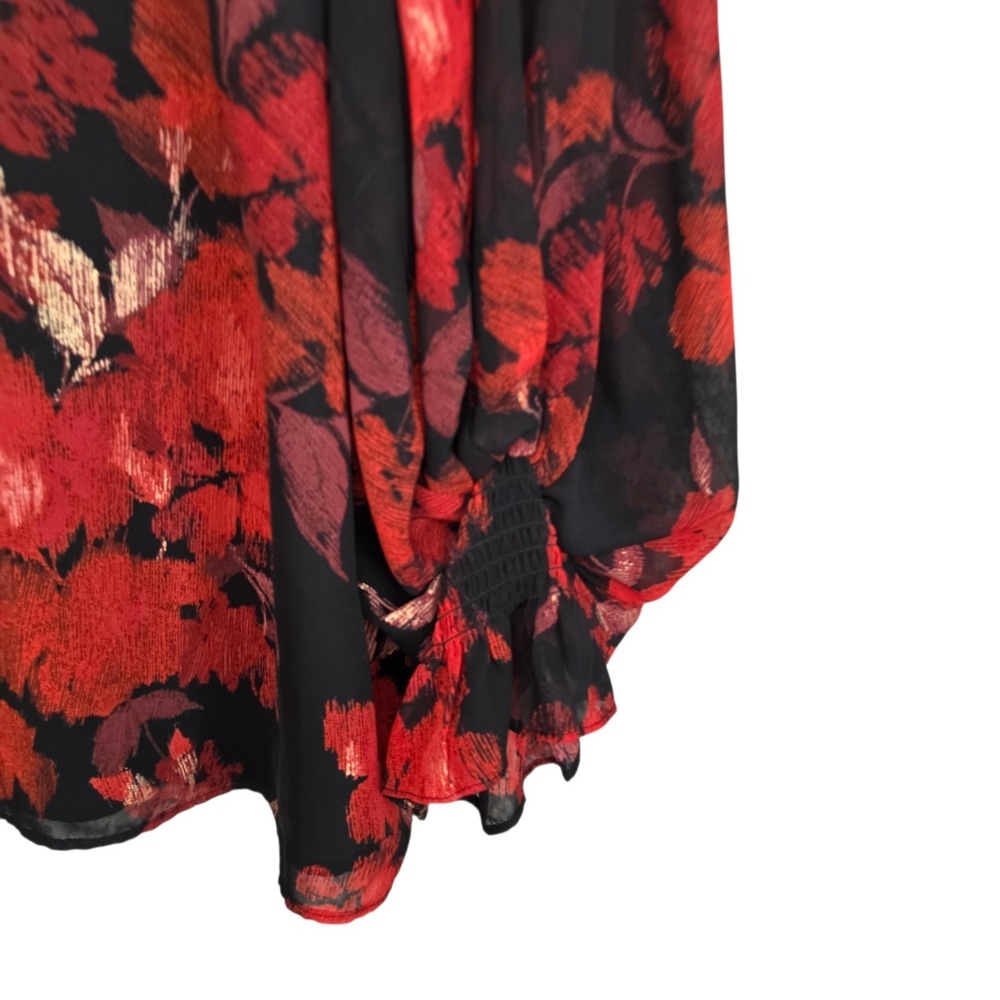 Vince Camuto Top Womens Medium Red Black Floral Print V Neck Blouse Lined Casual - Picture 3 of 7